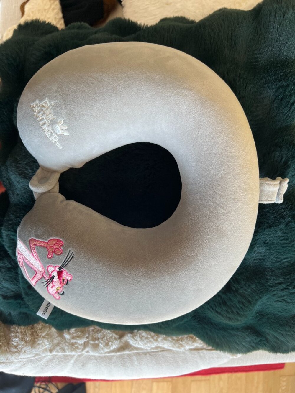 MINISO x Pink Panther Embroidered U-Shaped Travel Neck Pillow Greige Velvet